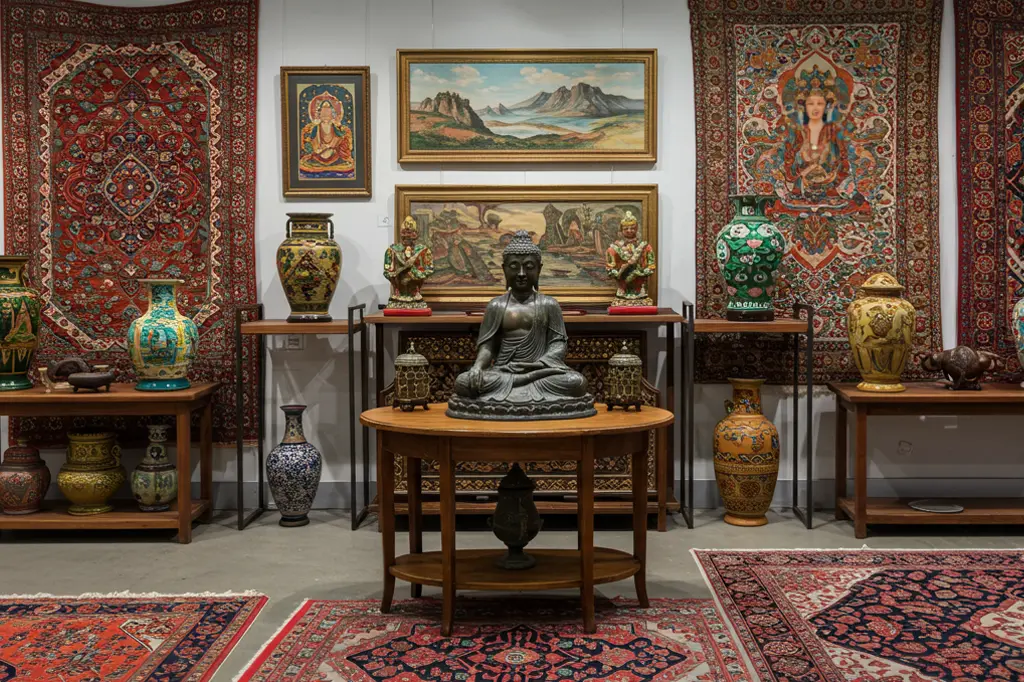 Hochwertige Orientteppiche aus Persien, Türkei, China, Kaukasus, Usbekistan und Turkmenistan in einer Galerieausstellung mit antiken Vasen und Buddha-Statuen – ideal für den Ankauf und Verkauf seltener Teppiche in Hessen, Bayern, Niedersachsen, Rheinland-Pfalz, Baden-Württemberg und Nordrhein-Westfalen.