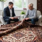Ein seriöser Teppichhändler erklärt einem Kunden in einem hellen Raum die Details eines Orientteppich-Ankaufs – Symbolbild für häufige Fragen und kompetente Beratung