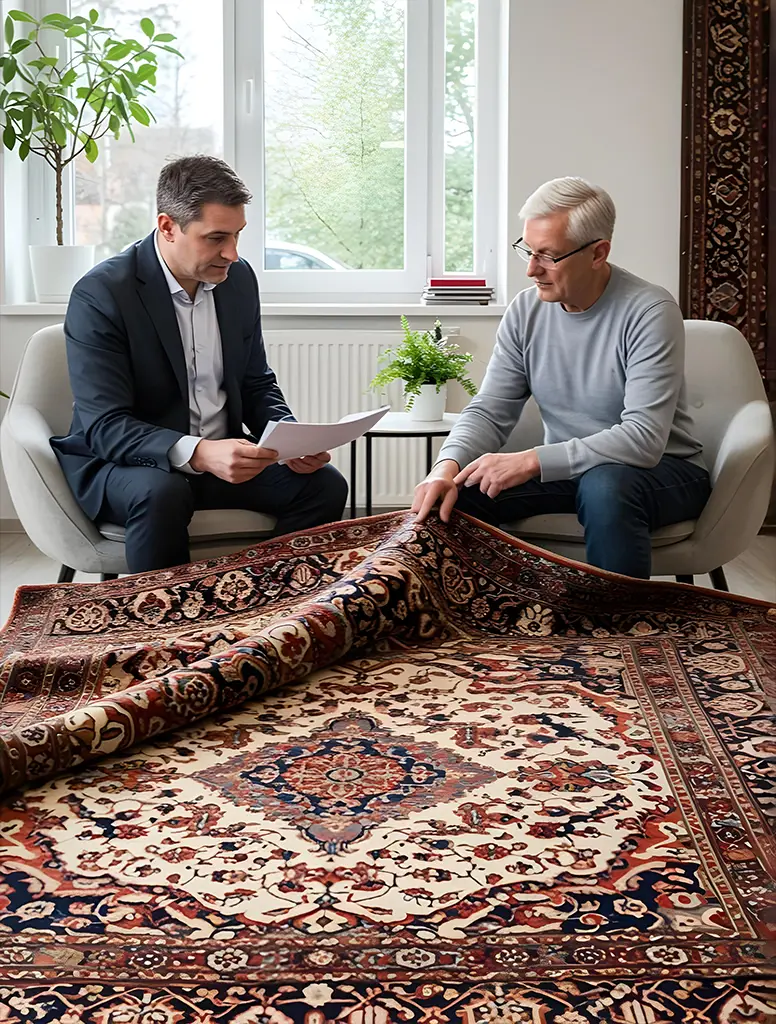 Ein seriöser Teppichhändler erklärt einem Kunden in einem hellen Raum die Details eines Orientteppich-Ankaufs – Symbolbild für häufige Fragen und kompetente Beratung