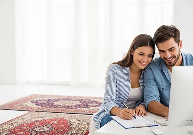 Junges Paar sitzt in modernem Wohnzimmer und füllt ein Online-Formular aus, im Hintergrund liegen mehrere Perserteppiche auf dem Boden – Symbolbild für digitale Teppichbewertung