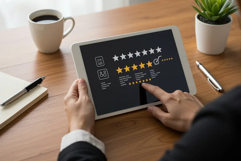 Symbolbild für echte Kundenbewertungen zum Teppichverkauf – fünf Sterne, Tablet mit Bewertungsanzeige, stilvoll inszeniert auf hellem Holztisch