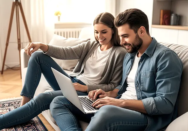 Junges Paar sitzt am Laptop im Wohnzimmer und lädt Fotos eines Orientteppichs über ein Online-Formular hoch – Symbolbild für bequeme Teppichbewertung von zuhause
