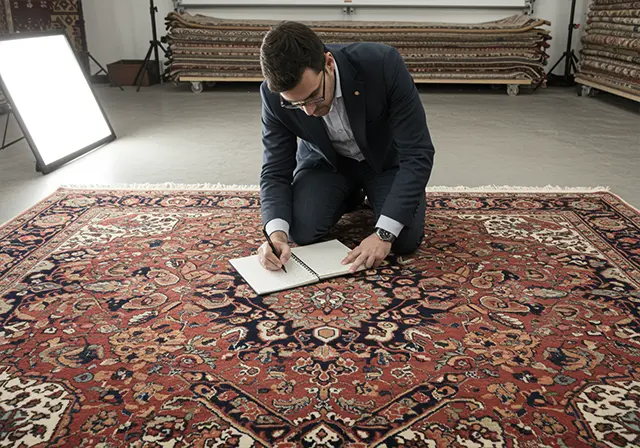 Ein Teppichgutachter betrachtet konzentriert einen ausgebreiteten Orientteppich mit Lupe und Notizblock – Symbolbild für professionelle Wertermittlung zwischen Massenware und Einzelstück